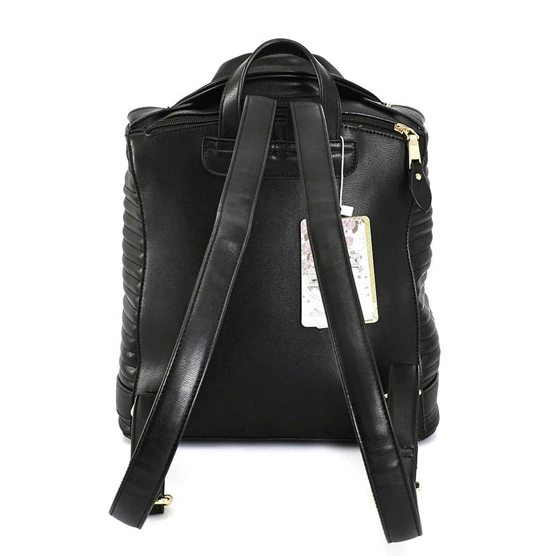 Black faux leather backpack vest with stylish zippers and straps, perfect for a rocker or goth look.