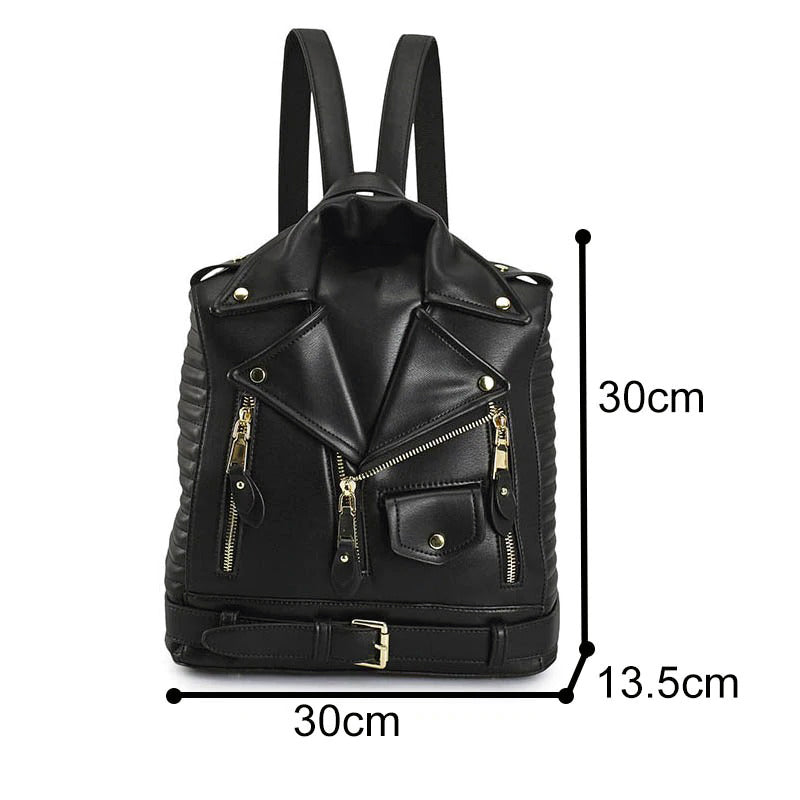 Black faux leather vest backpack with zippers and dimensions 30cm x 30cm x 13.5cm, perfect for rocker chicks.