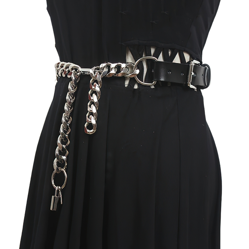 Trendy women's PU leather black belt with thick metal chain for an alternative fashion statement.
