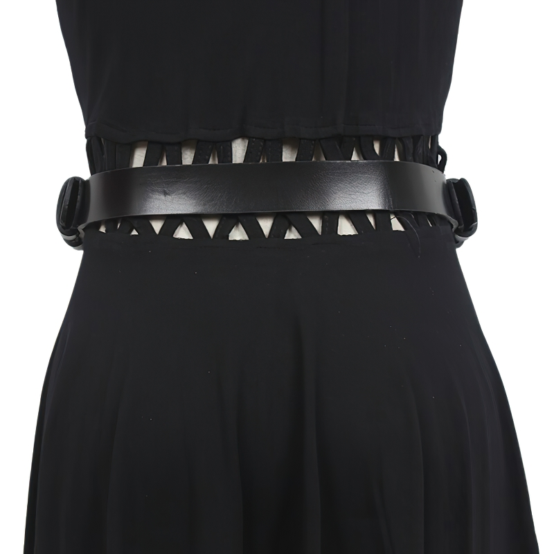 Womens black PU leather belt with metal chain detail, showcasing trendy alternative fashion style.
