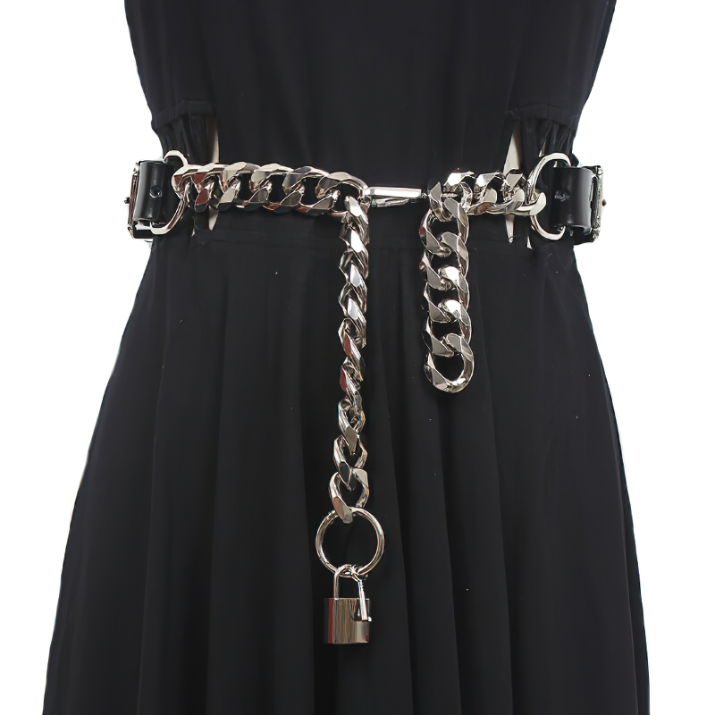 Trendy black PU leather belt with thick metal chain and lock detail, perfect for alternative fashion outfits.