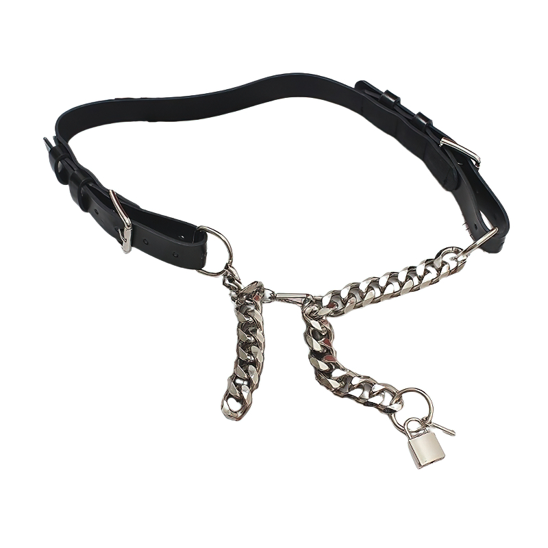 Trendy women's black PU leather belt with thick metal chain and padlock detail, perfect for alternative fashion.