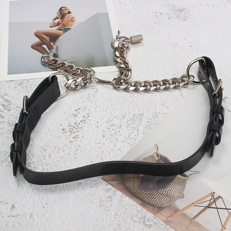 Trendy women's black PU leather belt with thick metal chain, perfect for alternative fashion outfits.