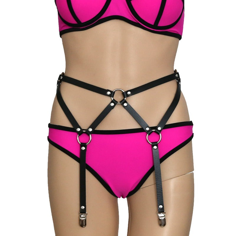 Adjustable PU leather body bondage suspenders belts in black, designed for a daring and sexy women's outfit.