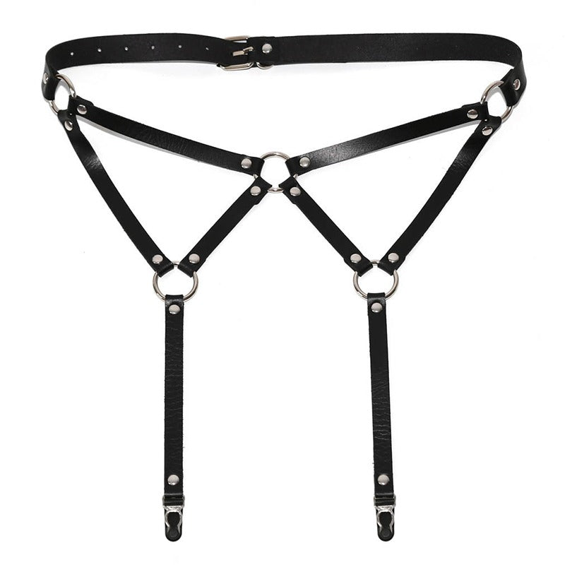 Black PU leather adjustable body bondage suspenders belt with rings for a daring rock look.