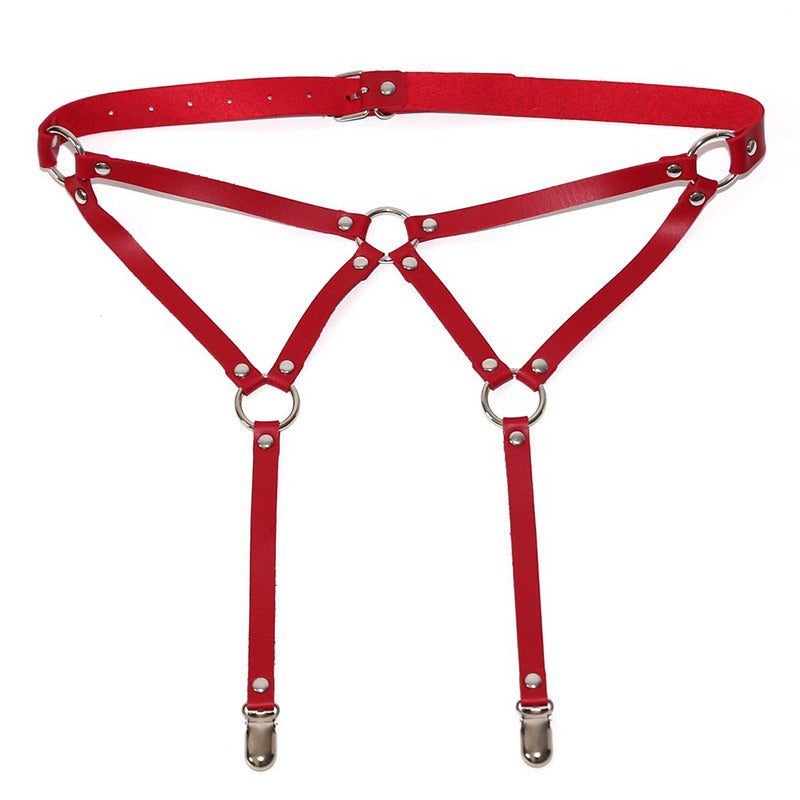 Red PU leather body bondage suspenders belts for women, adjustable waist harness, perfect for a sexy rock look.