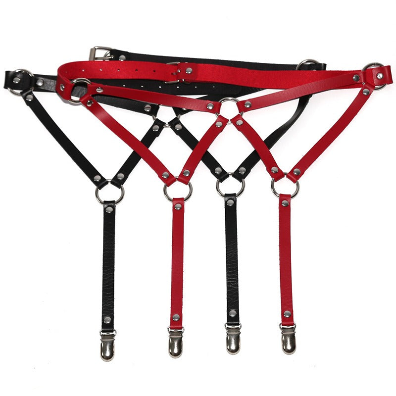 Stylish PU leather body bondage suspenders in red and black, adjustable women's harness for a daring rock outfit.