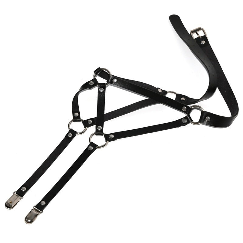 Adjustable black PU leather body bondage suspenders belt, perfect for bold fashion statements and rock outfits.