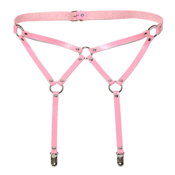 Pink PU leather body bondage suspenders with adjustable straps and metal accents, perfect for a bold rock look.