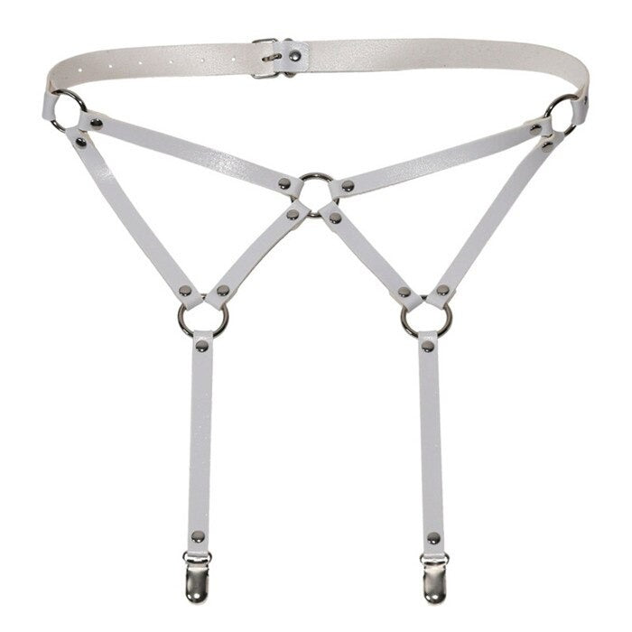 White PU leather body bondage suspenders belt with adjustable straps for a daring women's rock outfit.