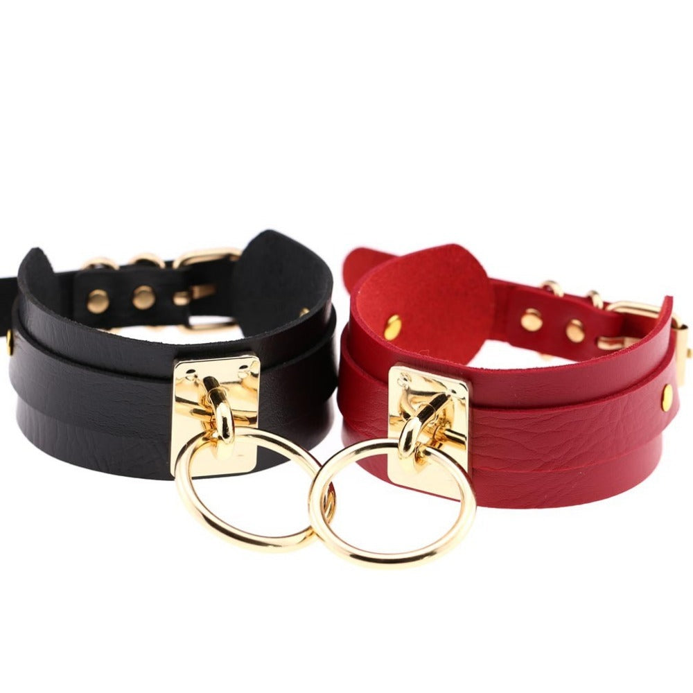 PU leather bondage choker set in black and red with gold metal rings for gothic style jewelry.