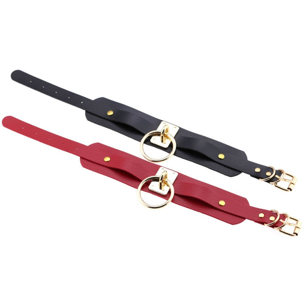 PU leather bondage choker in black and red with gold ring, perfect for gothic style outfits and statement jewelry.