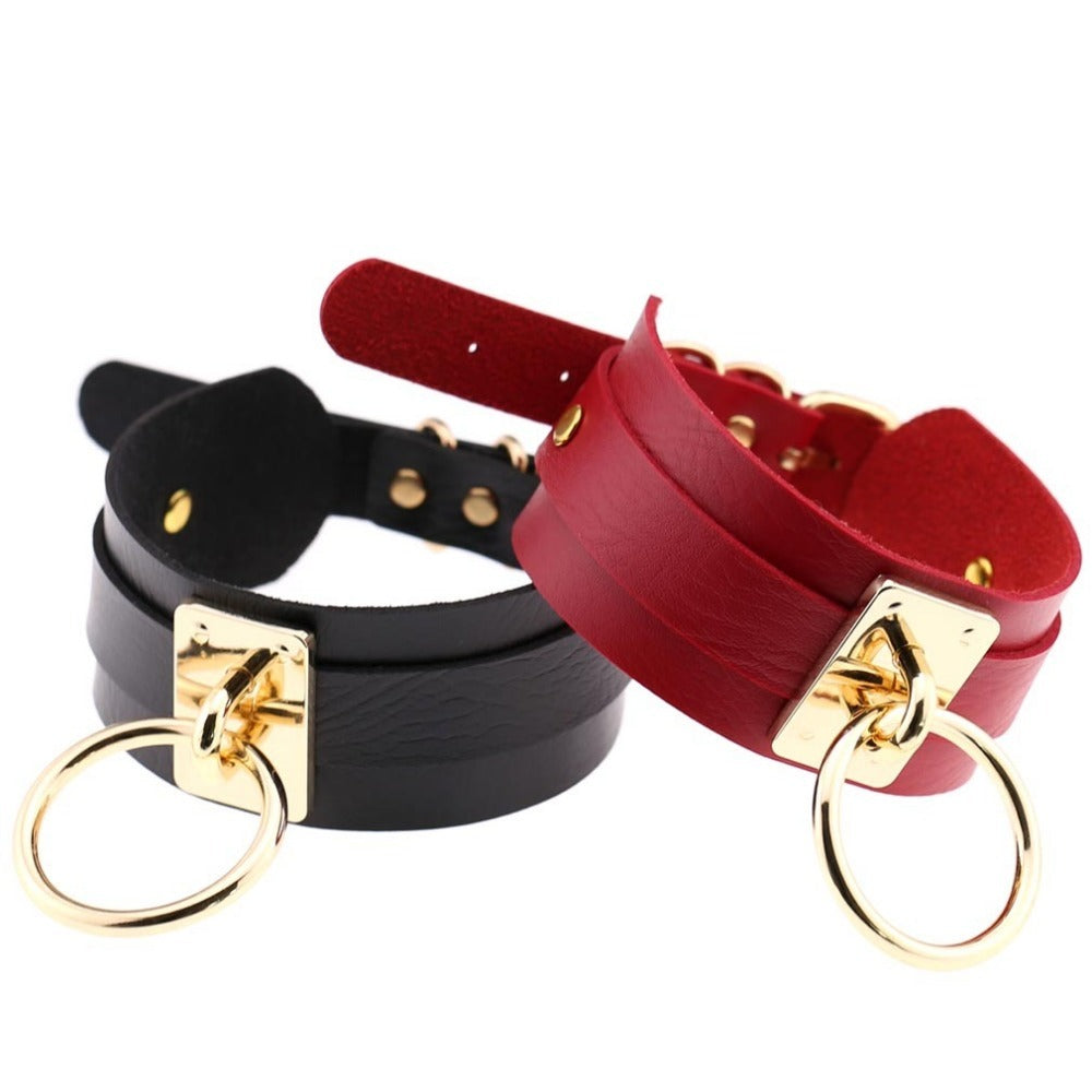 PU leather bondage chokers in black and red with gold-tone metal rings, perfect for gothic style jewelry lovers.