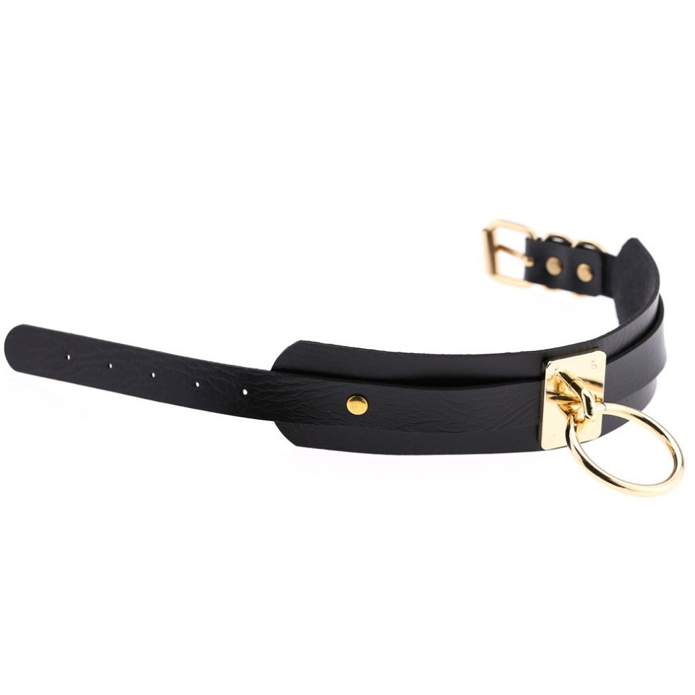 PU leather bondage choker with gold metal ring, perfect for gothic style fashion and edgy accessories.