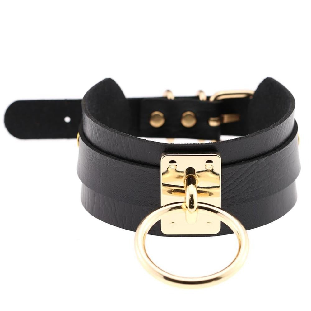 PU leather bondage choker with gold ring, perfect for gothic style looks and edgy fashion statements.