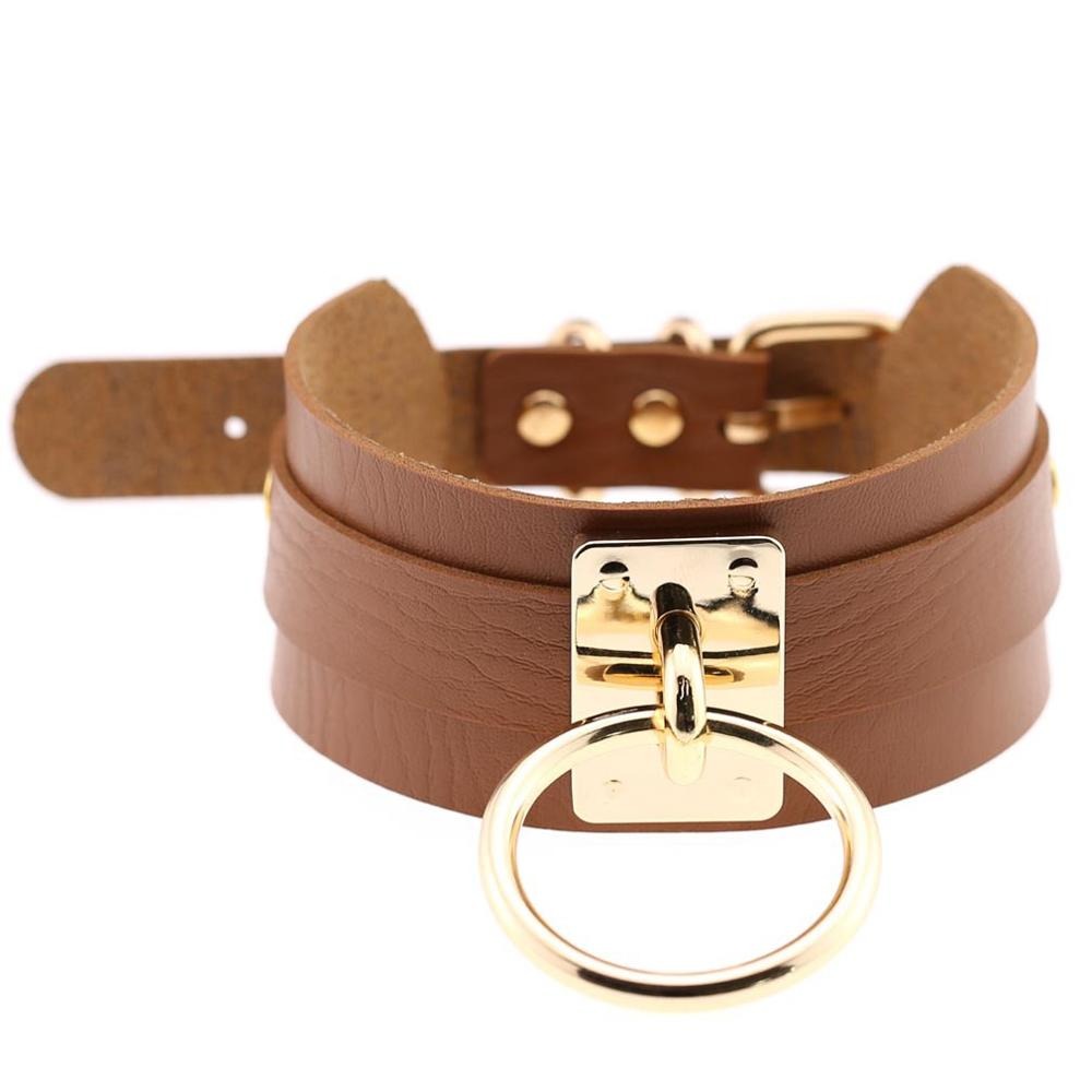 PU leather bondage choker with gold ring, perfect for gothic style outfits