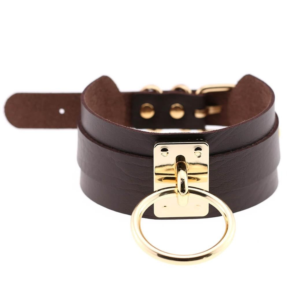 PU leather bondage choker featuring a gold metal ring, perfect for gothic style outfits and statement jewelry.