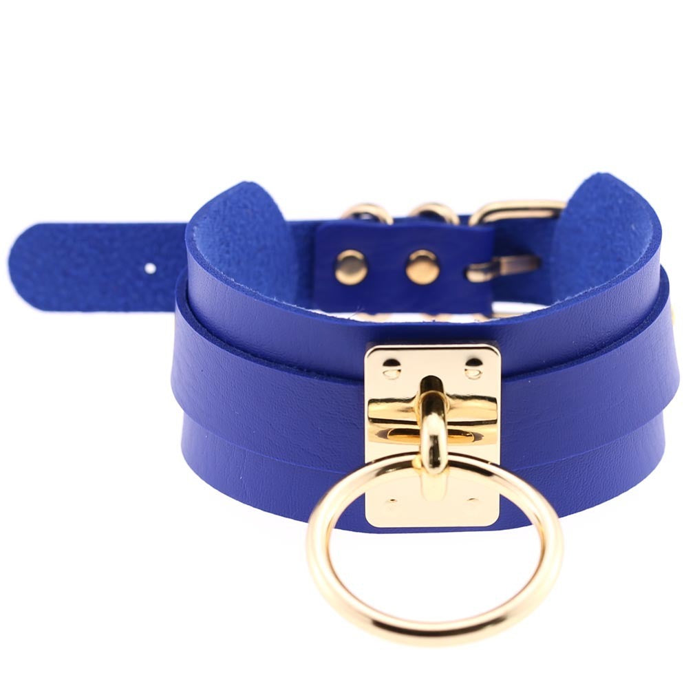 Blue PU leather choker with gold metal ring and buckle, perfect for gothic style and statement jewelry.