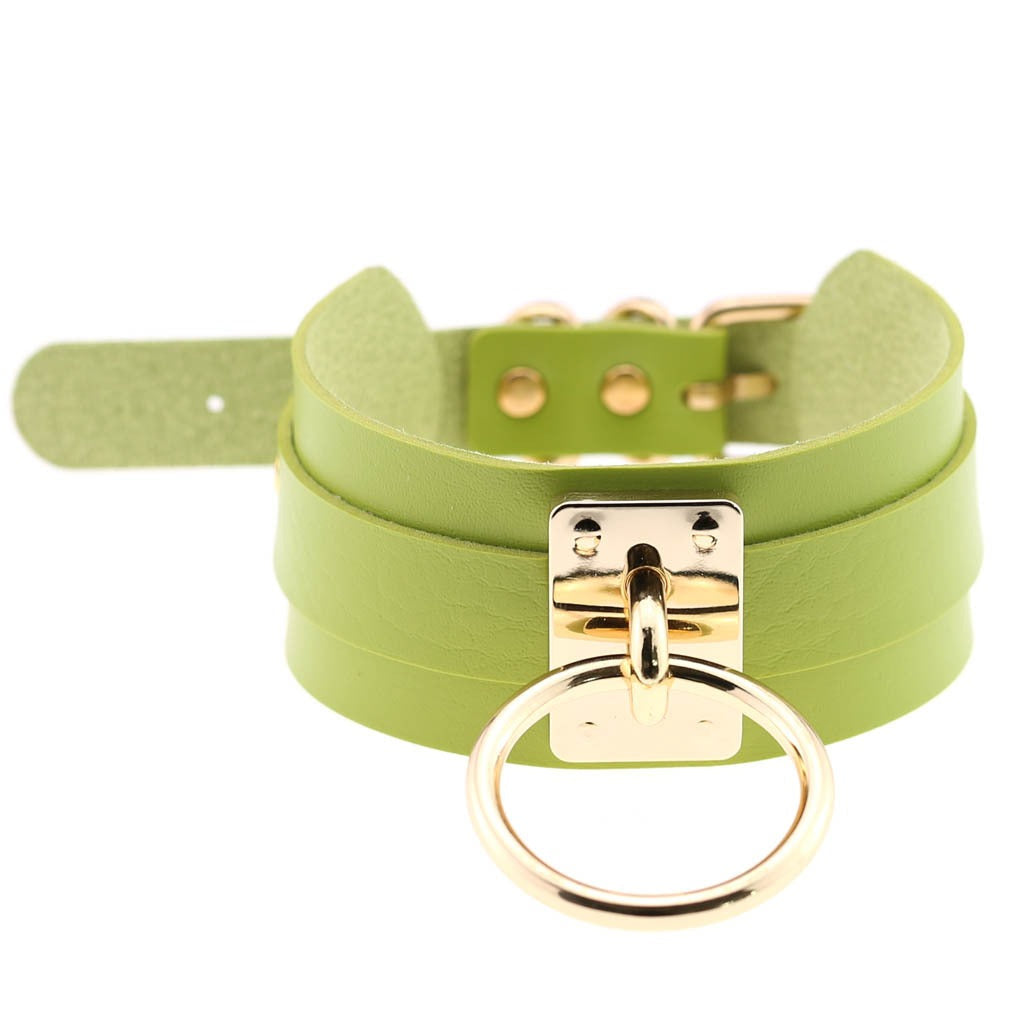 Gothic style green PU leather bondage choker with a gold ring and buckle detail, perfect for edgy outfits.