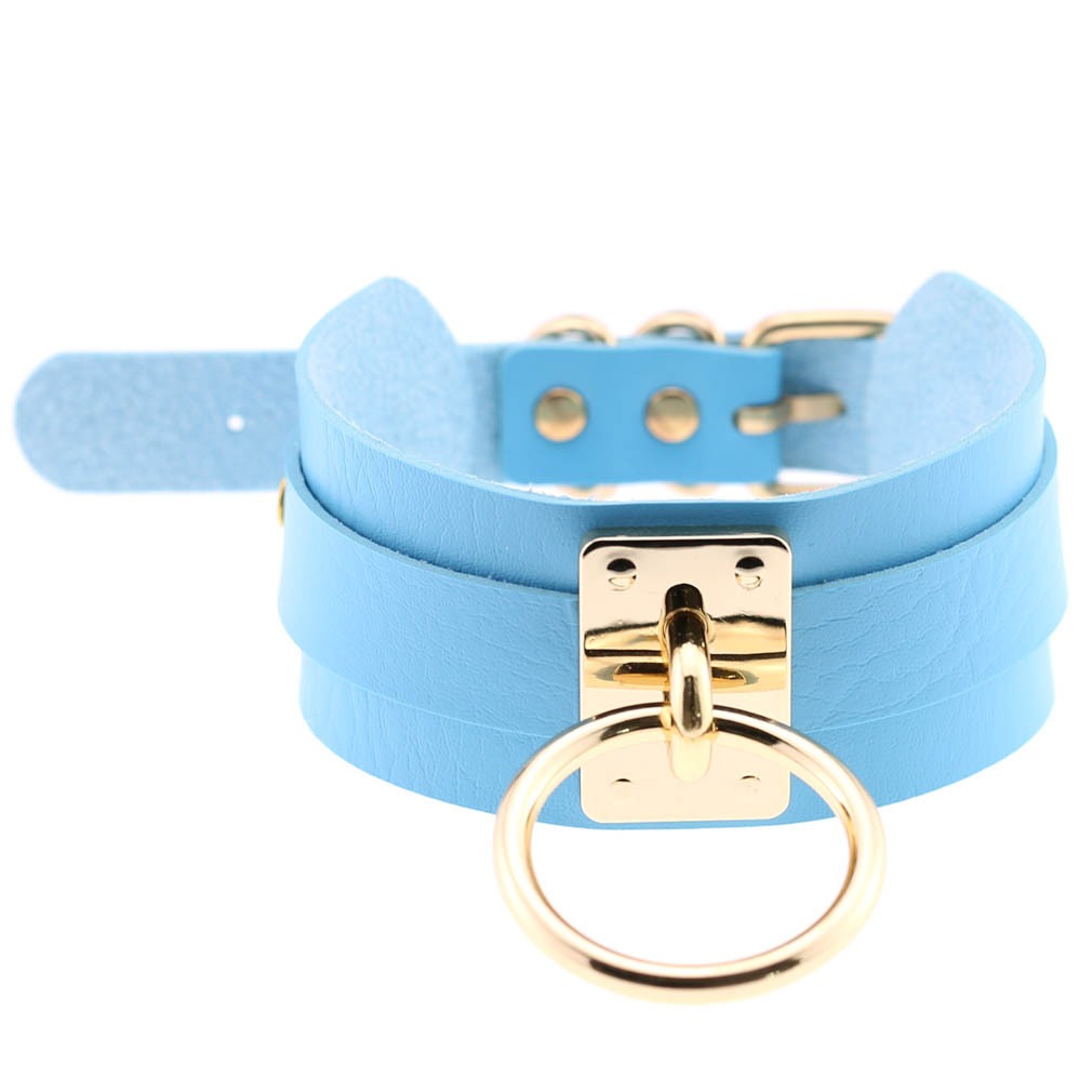 Blue PU leather bondage choker with gold metal ring and buckle, perfect for gothic style jewelry and bold fashion statements.