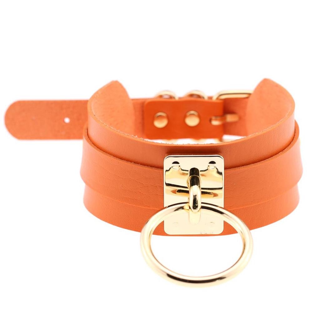 Bright orange PU leather bondage choker with gold metal ring, perfect for gothic style outfits and adding flair to any look.