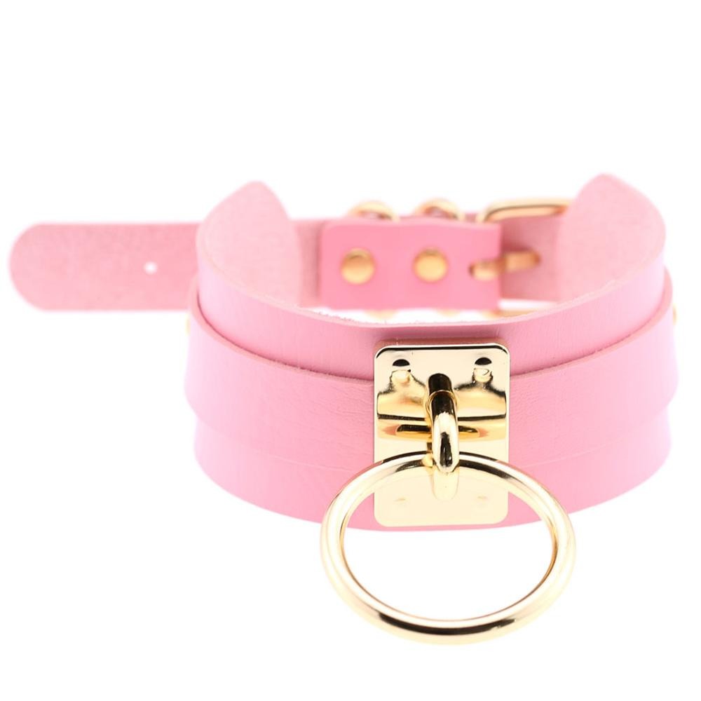 Pink PU leather bondage choker with golden ring, perfect for gothic style outfits and bold fashion statements.