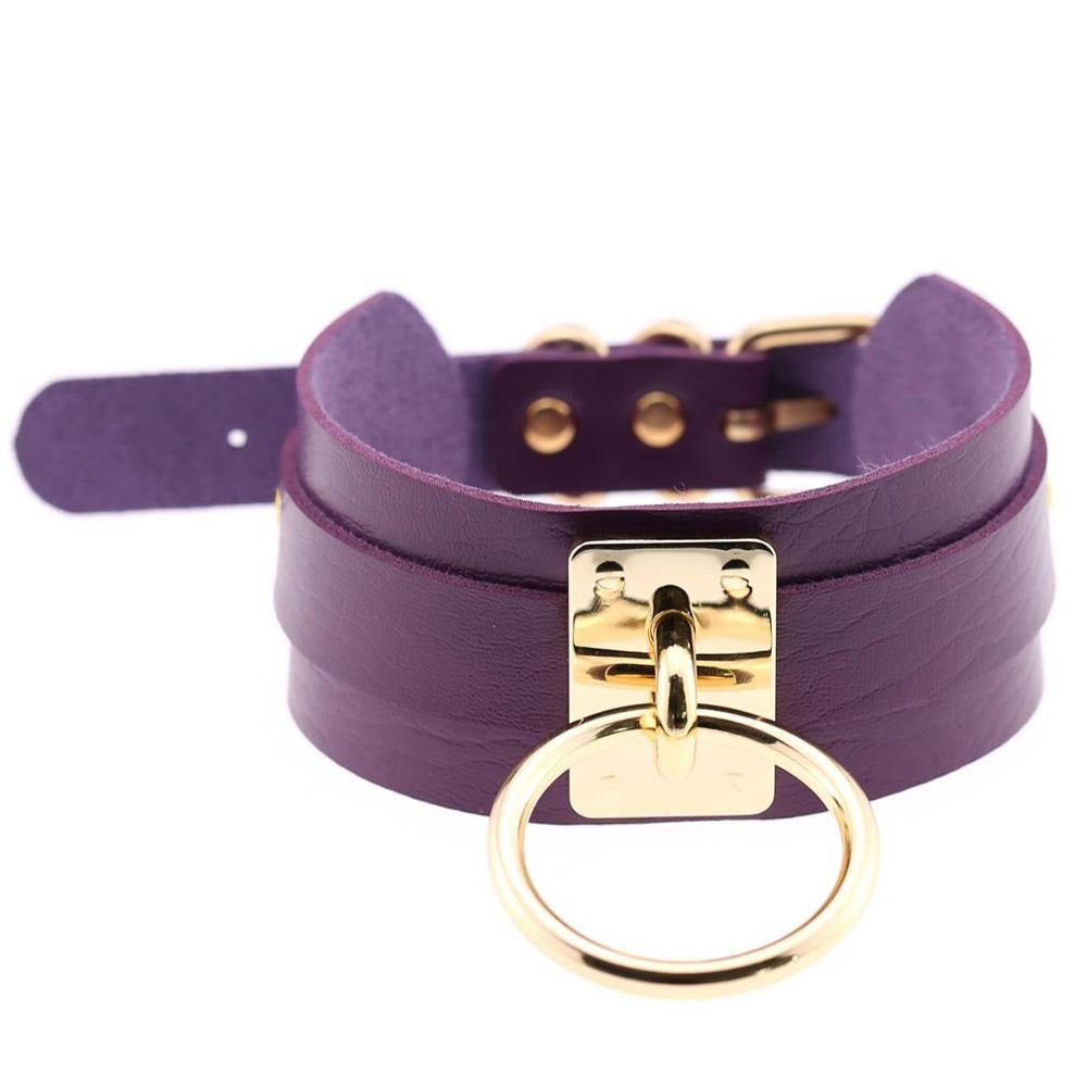 Purple PU leather bondage choker with gold ring, statement Gothic style jewelry for bold fashion.