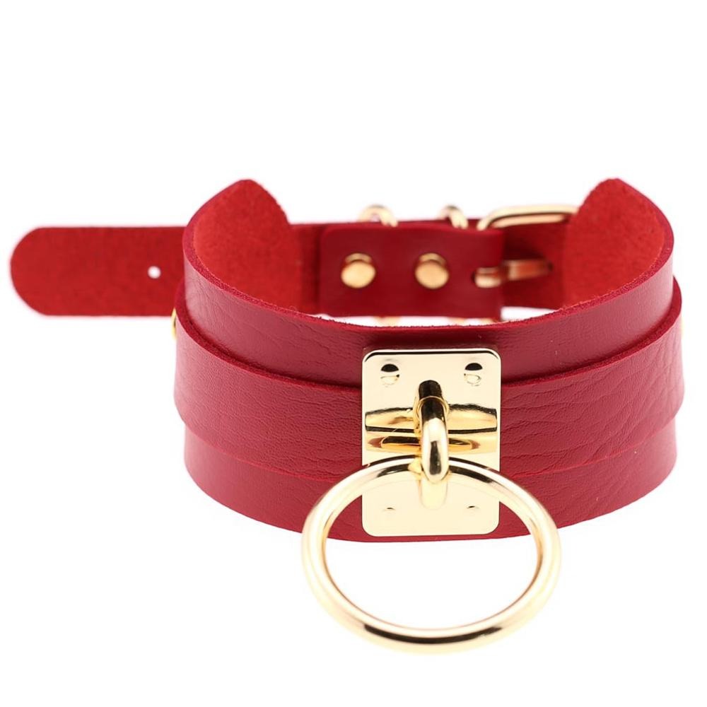 Red PU leather bondage choker with gold metal ring, a bold gothic accessory for edgy outfits.