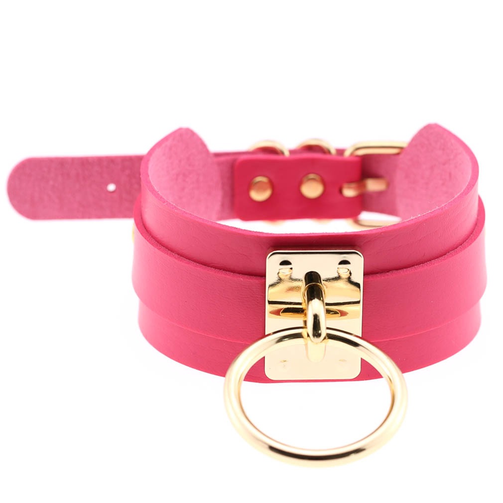 Pink PU leather bondage choker with gold metal ring and buckle, perfect for gothic style outfits.