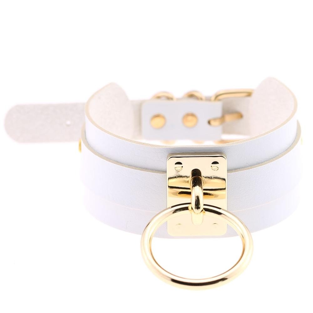White PU leather bondage choker with gold ring, a perfect gothic style accessory to elevate any outfit.