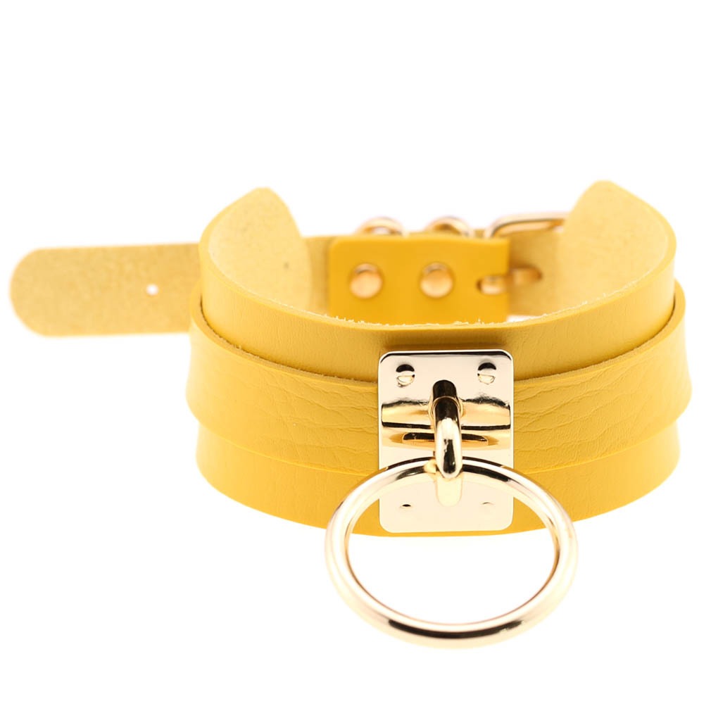 Stylish yellow PU leather bondage choker with a gold metal ring, perfect for gothic and statement jewelry lovers.