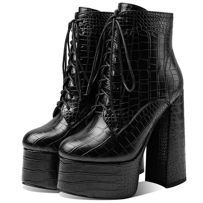 Stylish PU leather ankle boots for women with round toe, square high heel, and crocodile texture.