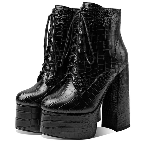 Chaussures pour femmes de style décontracté en cuir PU avec bout rond / bottines carrées à talons hauts 