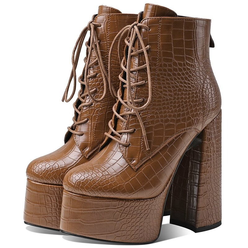 PU leather ankle boots for women in brown with round toe, square high heel, and lace-up design.