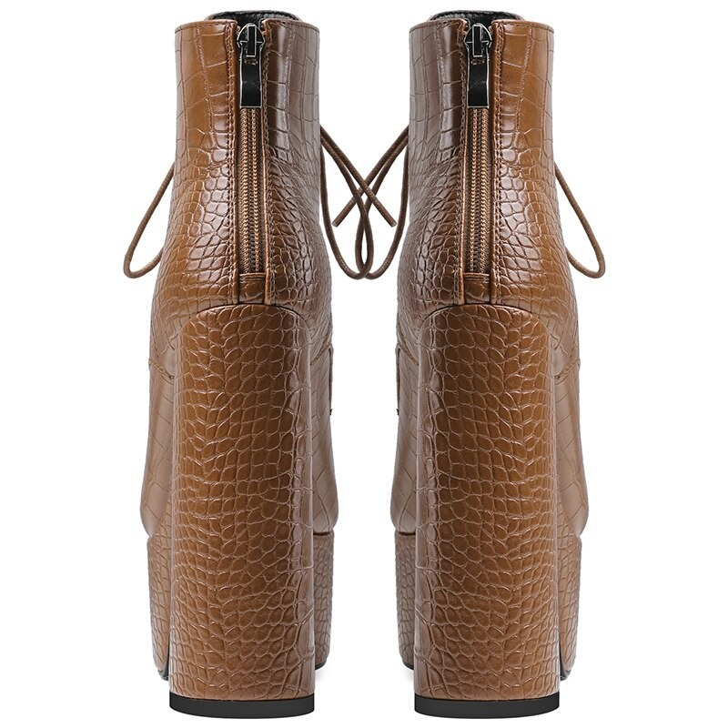 Stylish PU leather ankle boots for women with round toe, square heel, and zipper closure in a chic brown color.