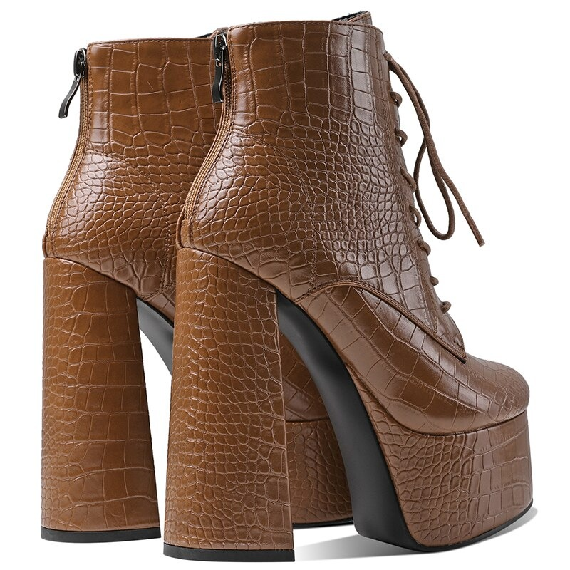 Stylish PU leather ankle boots with round toe and high square heel, featuring a chic crocodile texture and zipper closure.