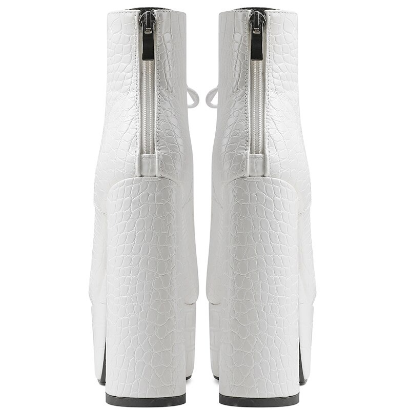 White PU leather ankle boots with high square heels and zipper closure, showcasing a stylish and trendy back view.