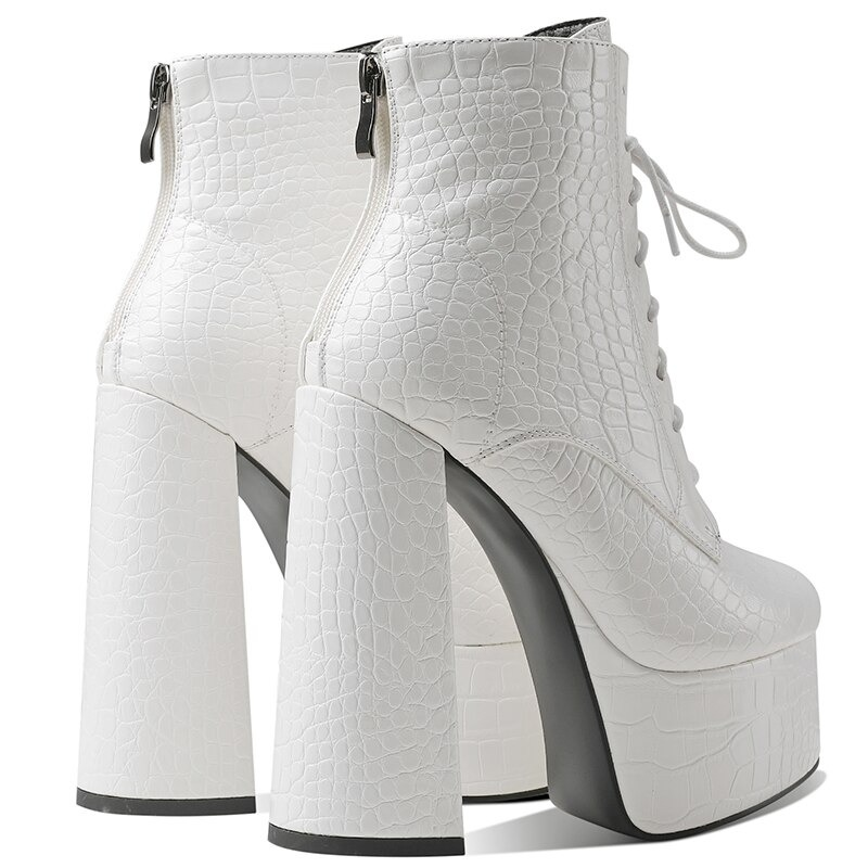 Stylish white PU leather ankle boots with round toe, square high heel, and zipper closure for women.