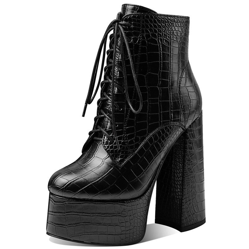 Stylish black PU leather ankle boots with lace-up front and high square heel for a trendy look.