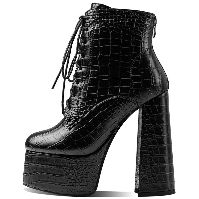 Stylish black PU leather ankle boots with round toe, square high heel, and lace-up design, perfect for casual wear.