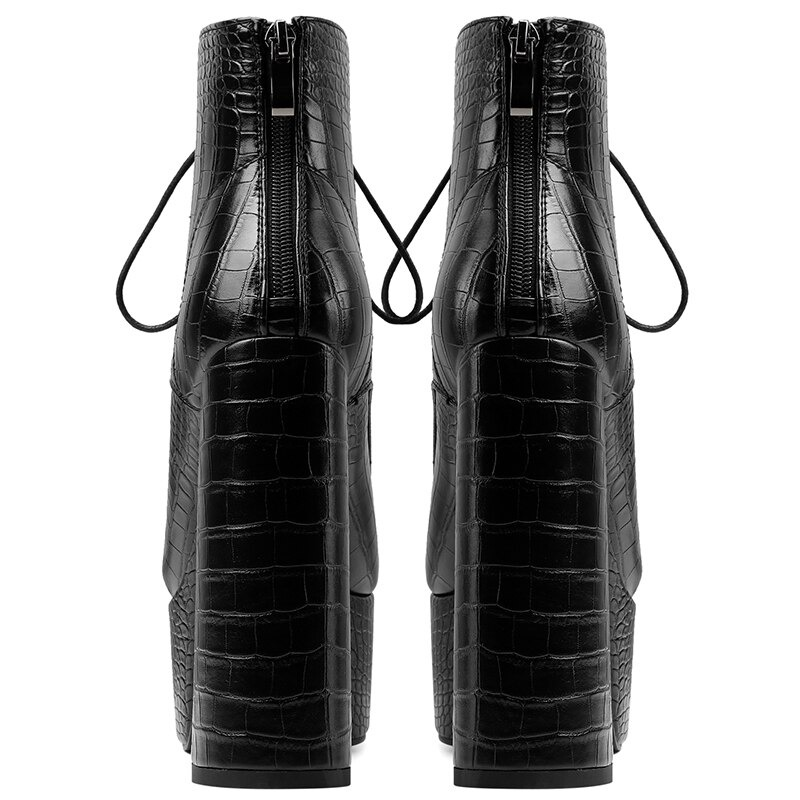 Stylish black PU leather ankle boots with round toe, square high heel, and zipper closure.