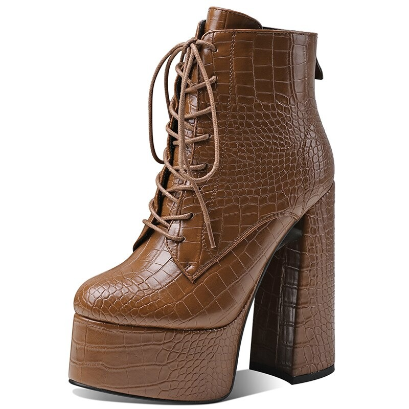 Stylish PU leather ankle boots for women with round toe, high platform, and unique crocodile texture.