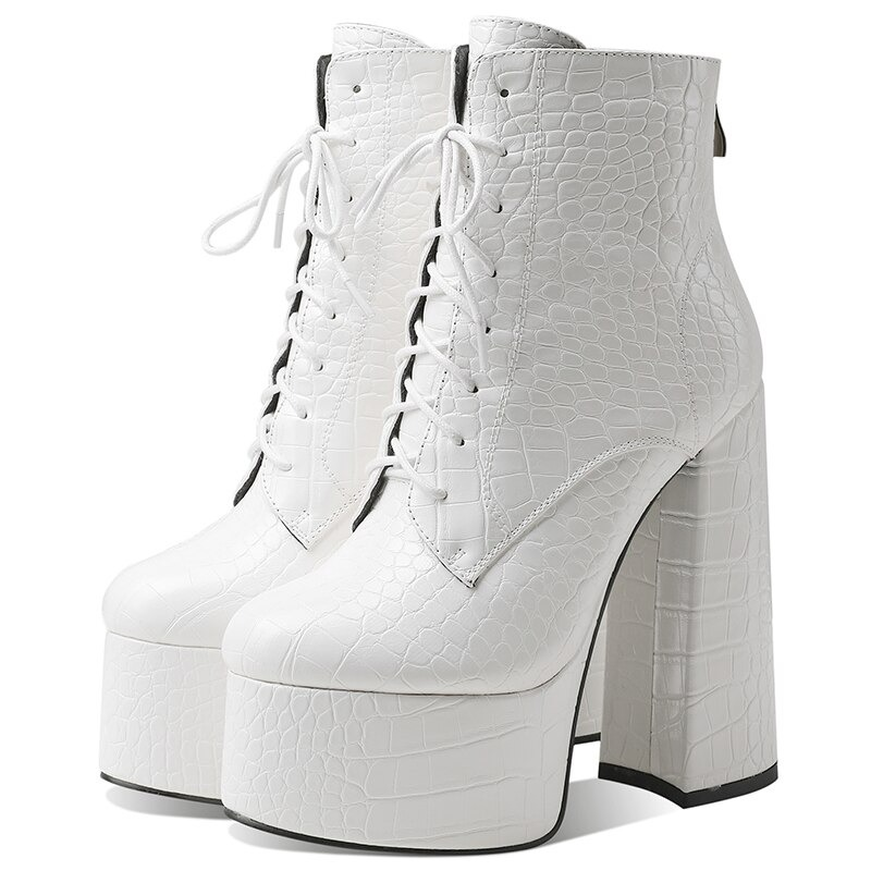 Stylish white PU leather ankle boots with crocodile texture, round toes, and high square heels.