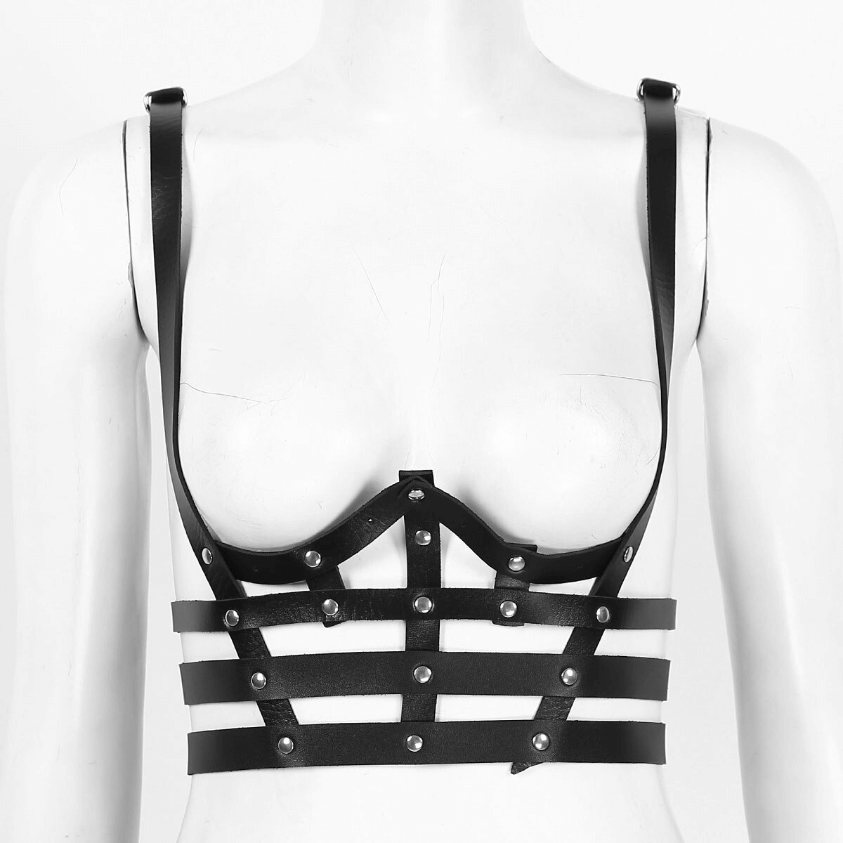 Black PU leather chest harness with metal buttons, perfect for goth lingerie and edgy fashion styles.