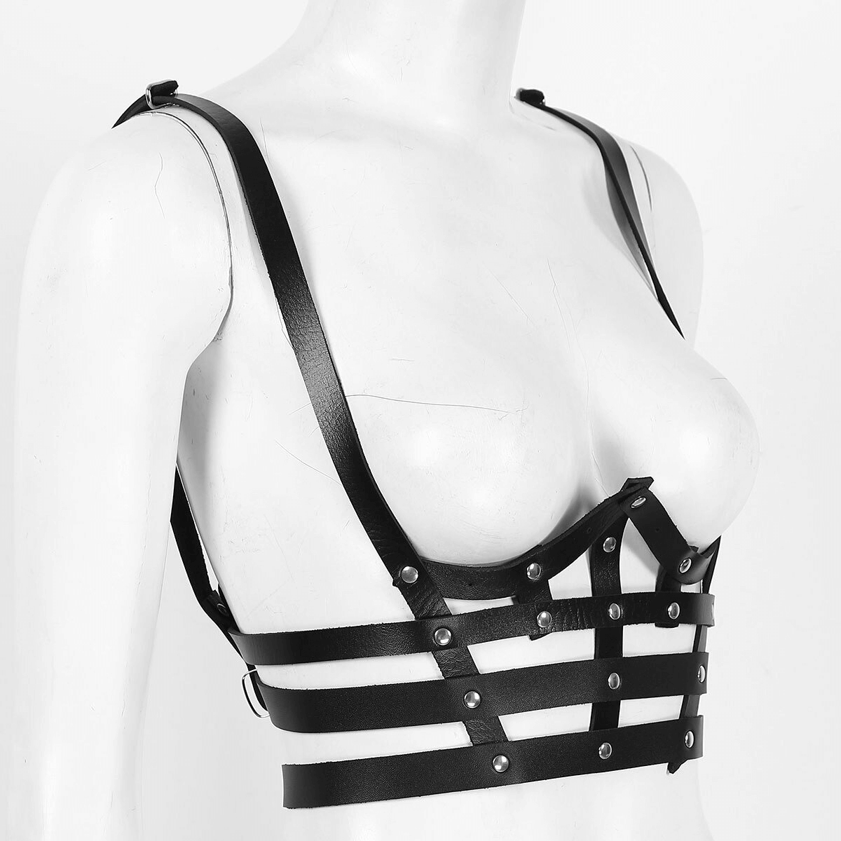 Black PU leather chest harness for ladies, featuring metal buttons, perfect for edgy lingerie and rock-inspired looks.
