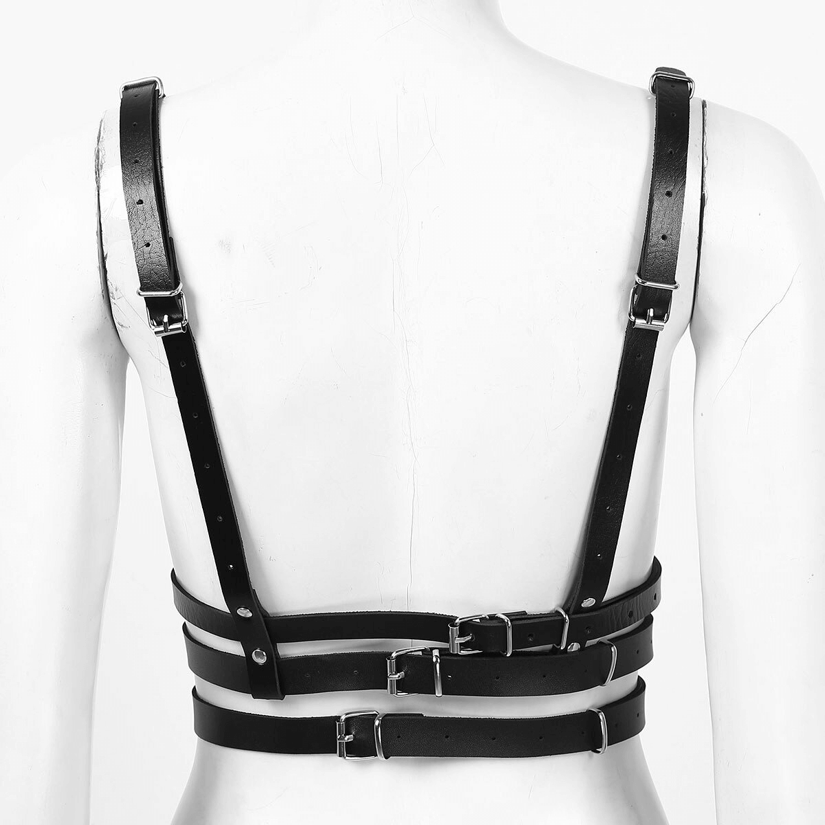 Back view of a stylish black PU leather chest harness for ladies, perfect for goth and rock-inspired outfits.