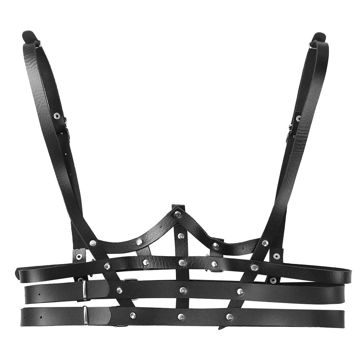 Black PU leather chest harness for ladies, perfect for goth-inspired lingerie outfits and enhancing waist aesthetics.