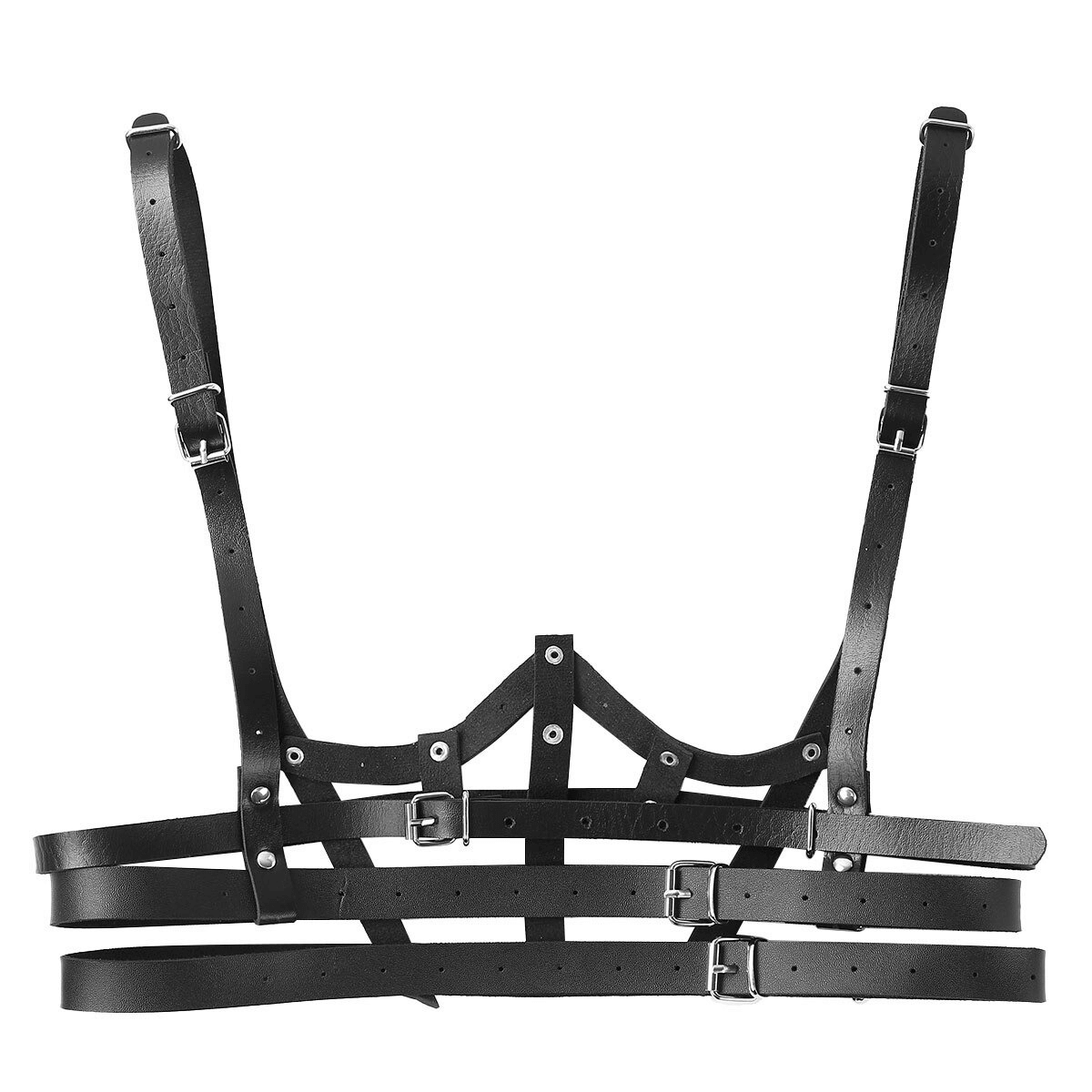 Black PU leather chest harness for ladies, featuring adjustable straps and metal details, perfect for gothic and sexy outfits.