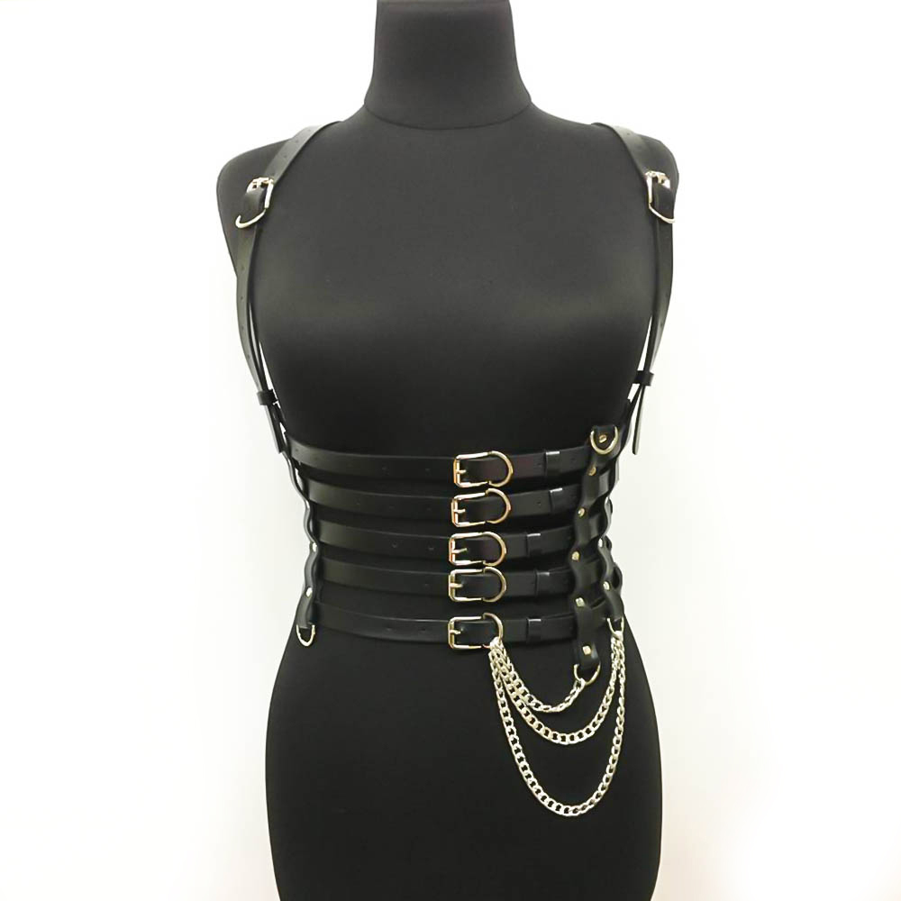 Black PU leather chest harness with silver fittings and chains, perfect punk-style accessory for women.