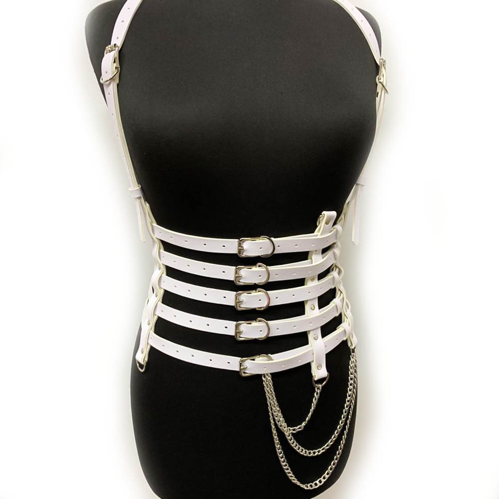 White PU leather chest harness with silver fittings and chains for women, showcasing a punk style accessory to enhance your look.